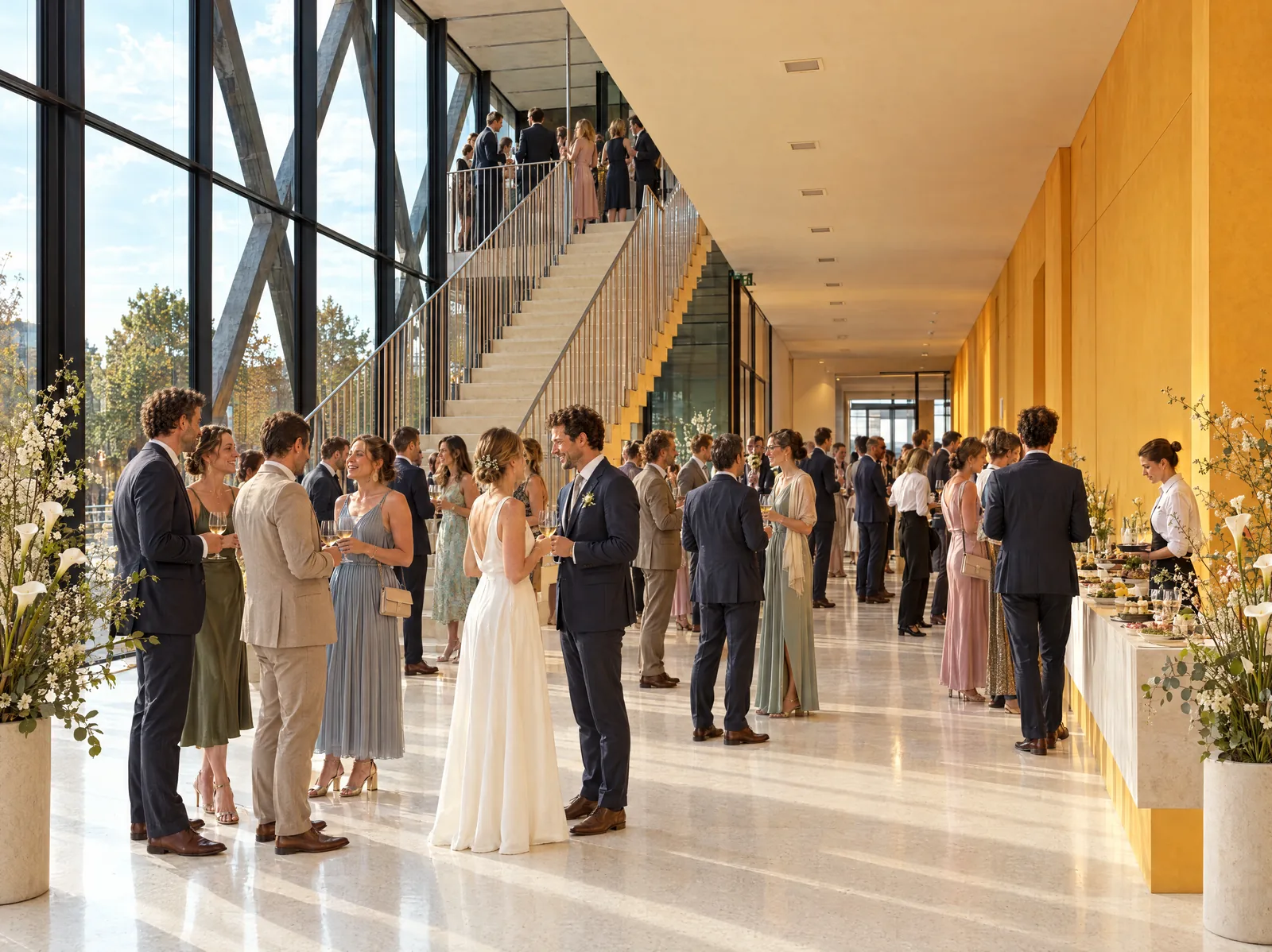 Svatební hosté se sklenkami vína a rautem ve světlém foyer Zahradního pavilonu Stiassny s elegantní květinovou výzdobou