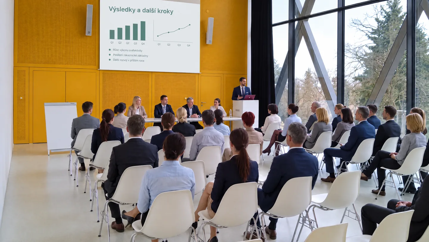 Firemní prezentace s řečníkem v sále Zahradního pavilonu Stiassny v Brně